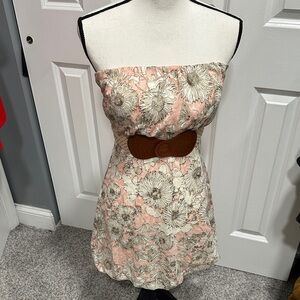 Floral Strapless Dress with Belt - Pink and Brown